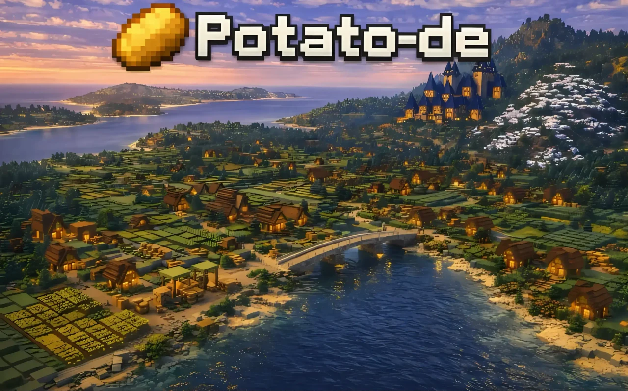 Potato-de Minecraft Server Banner: großes Küstendorf im Vanilla-Stil mit Brücke, Feldern und Burg bei Sonnenuntergang